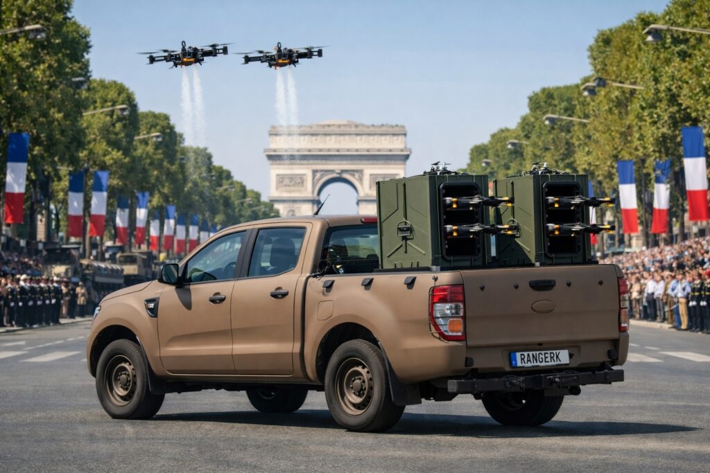 Defile-14-juillet-drone-militaires-armee-francaise-Ford-Ranger-1024×683-1 شاحنة عسكرية فرنسية معدلة تحمل منصات إطلاق طائرات مسيرة هجومية